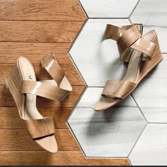 Agl Nude Patent Leather Lizard Embossed Ankle Wrap Wedge Sandal 38 1/2 - Picture 1 of 12
